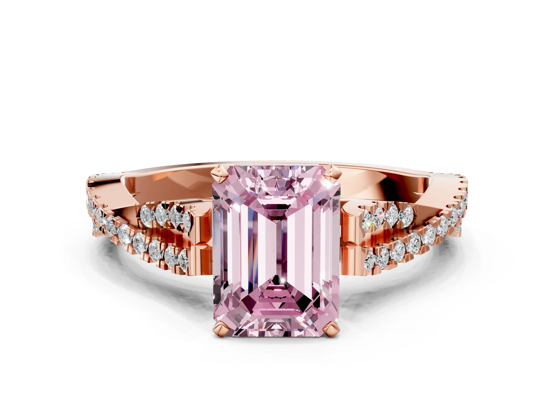 Rose gold Fancy Pink Emerald Cut Diamond Solitaire Engagement Ring with Twisted Pavé Band and Four-Prong Setting_44