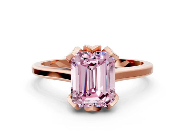 Rose gold Fancy Pink Emerald Cut Diamond Solitaire Ring with Flower Prong Setting and Classic Band