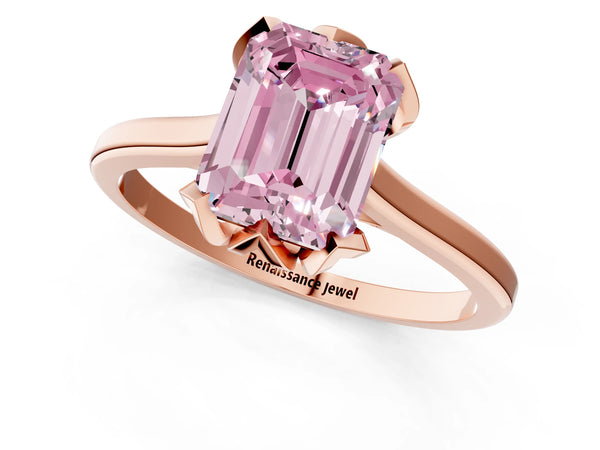 Rose gold Fancy Pink Emerald Cut Diamond Solitaire Ring with Flower Prong Setting and Classic Band