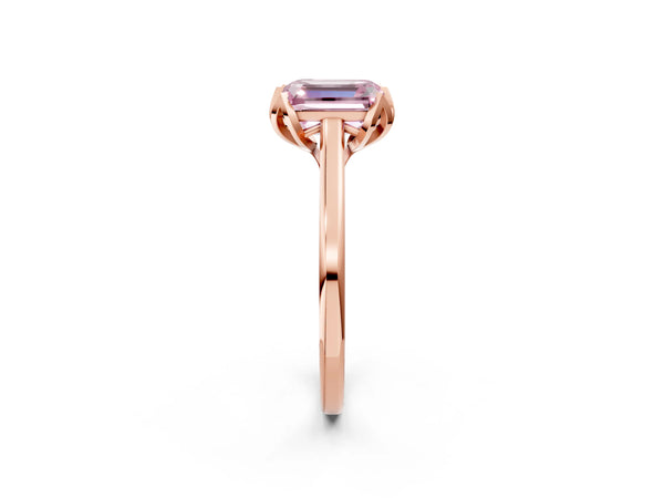Rose gold Fancy Pink Emerald Cut Diamond Solitaire Ring with Flower Prong Setting and Classic Band