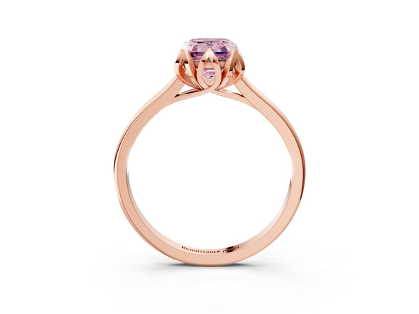 Rose gold Fancy Pink Emerald Cut Diamond Solitaire Ring with Flower Prong Setting and Classic Band