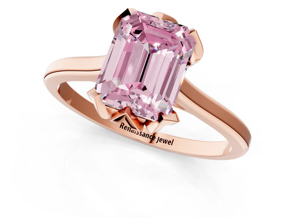 Rose gold Fancy Pink Emerald Cut Diamond Solitaire Ring with Flower Prong Setting and Classic Band
