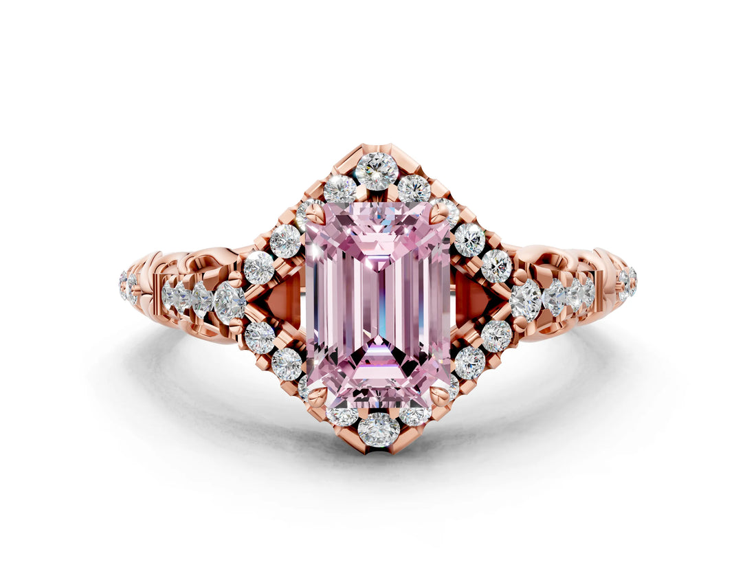 Rose gold Fancy Pink Emerald Cut Diamond Solitaire Ring with Hidden Halo and Pavé Band_27