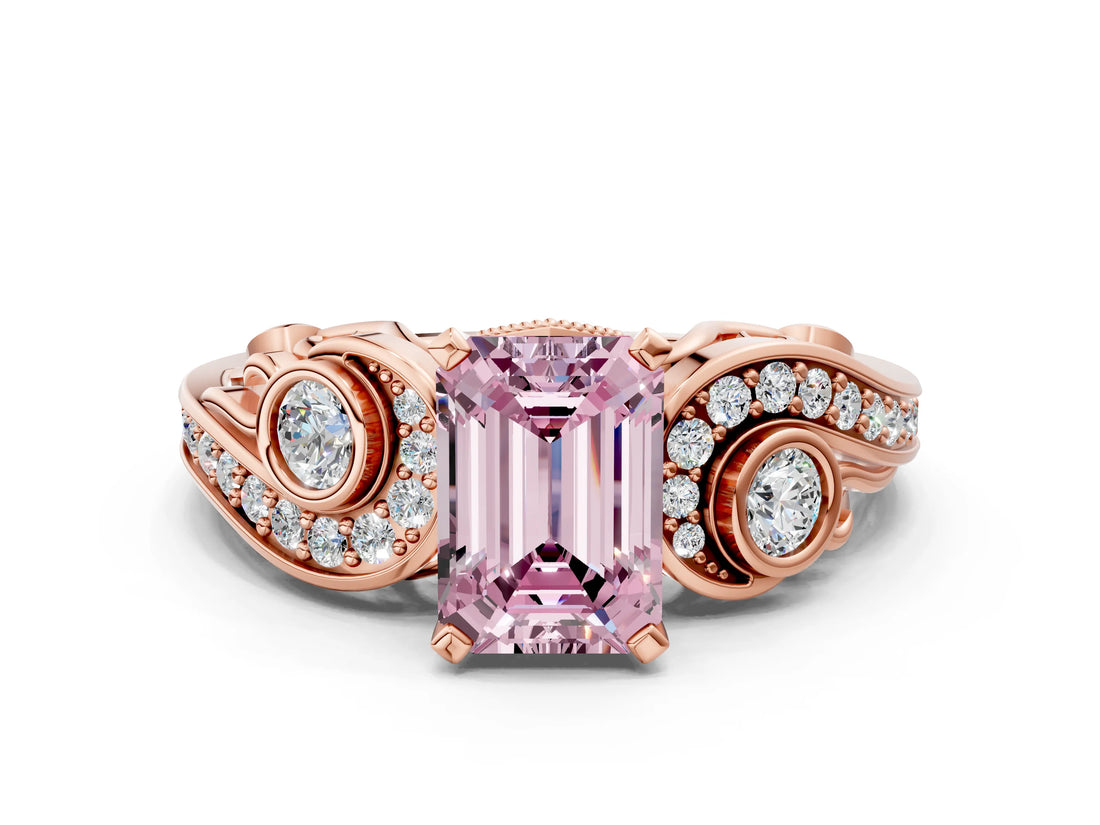 Rose gold Fancy Pink Emerald Cut Diamond Solitaire Ring with Milgrain Pavé Band and Four-Prong Setting_167