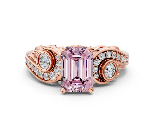 Rose gold Fancy Pink Emerald Cut Diamond Solitaire Ring with Milgrain Pavé Band and Four-Prong Setting