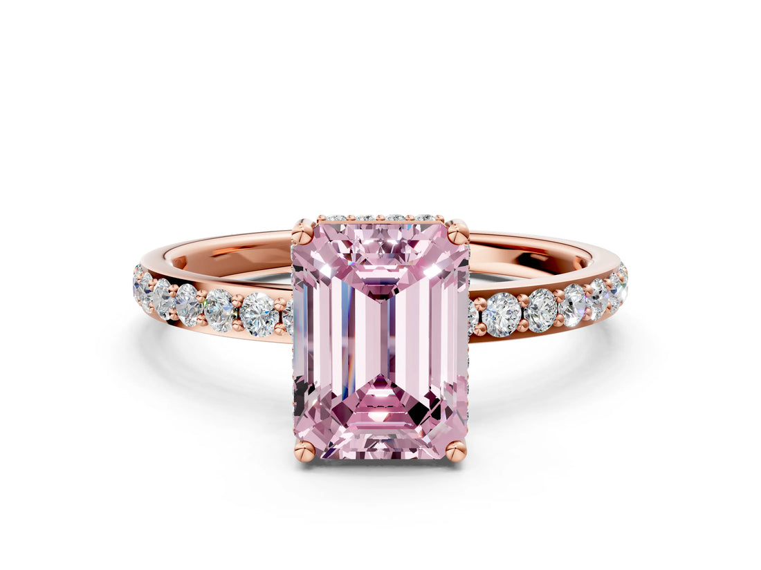 Rose gold Fancy Pink Emerald Cut Diamond Solitaire Ring with Pavé Band and Hidden Halo_20