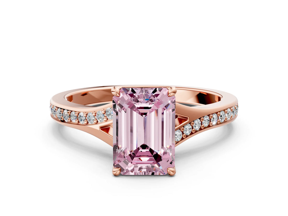 Rose gold Fancy Pink Emerald Cut Diamond Solitaire Ring with Pavé Band and Prong Setting_12