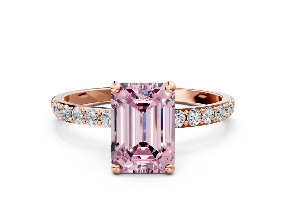Rose gold Fancy Pink Emerald Cut Diamond Solitaire Ring with Pave Band and Four Prong Setting_87