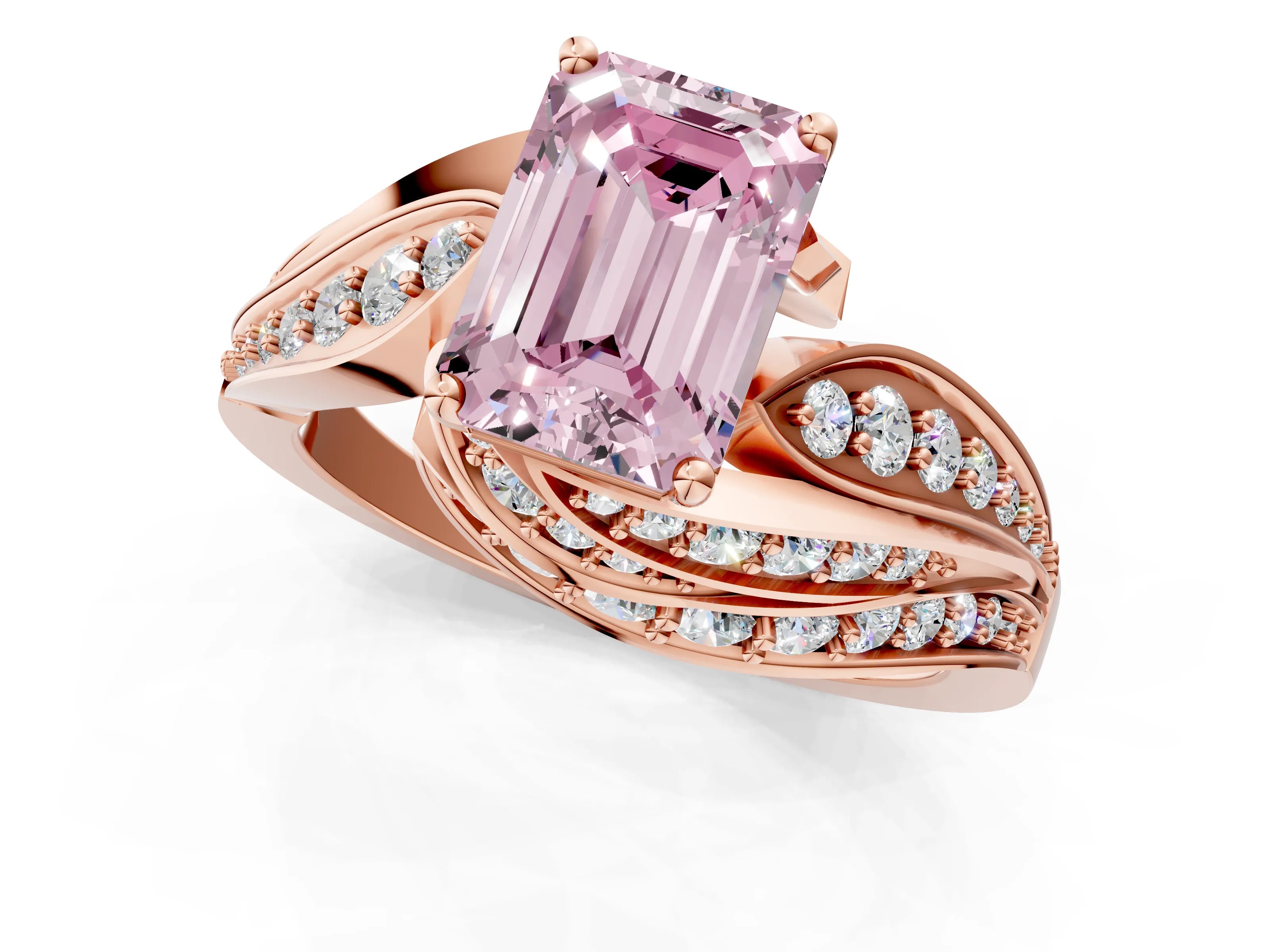 Rose gold Fancy Pink Emerald Cut Diamond Solitaire Ring with Prong Setting and Twisted Pavé Band_1
