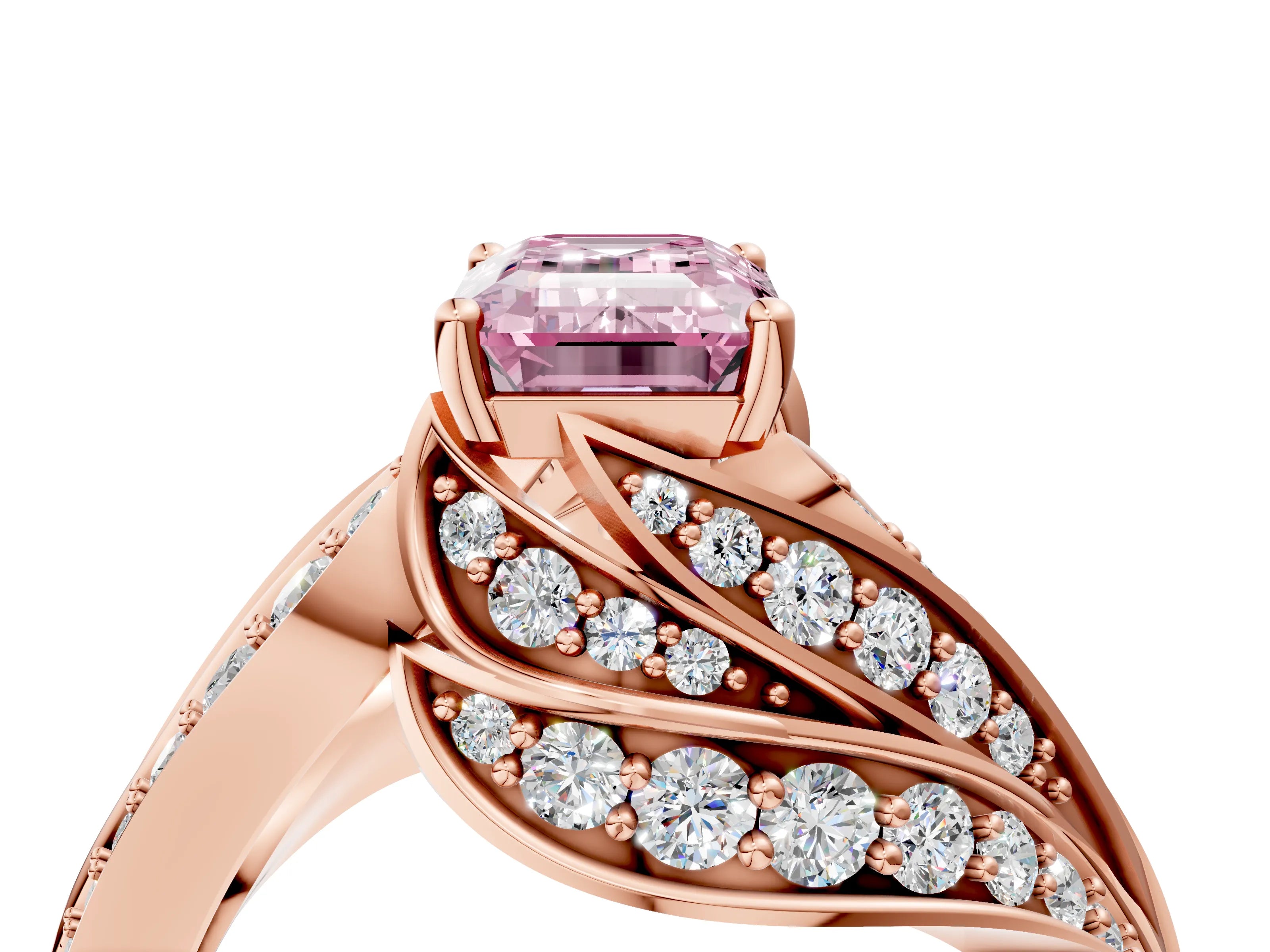 Rose gold Fancy Pink Emerald Cut Diamond Solitaire Ring with Prong Setting and Twisted Pavé Band_4