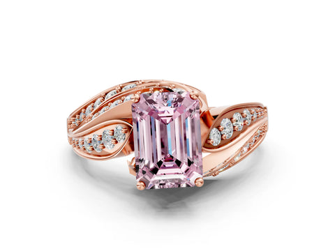 Rose gold Fancy Pink Emerald Cut Diamond Solitaire Ring with Prong Setting and Twisted Pavé Band