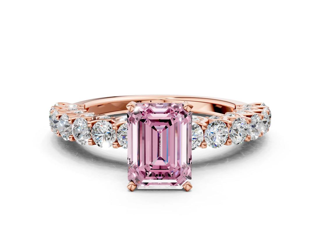 Rose gold Fancy Pink Emerald Cut Diamond Solitaire Ring with Shared Prong Pavé Band and Four-Prong Setting_63