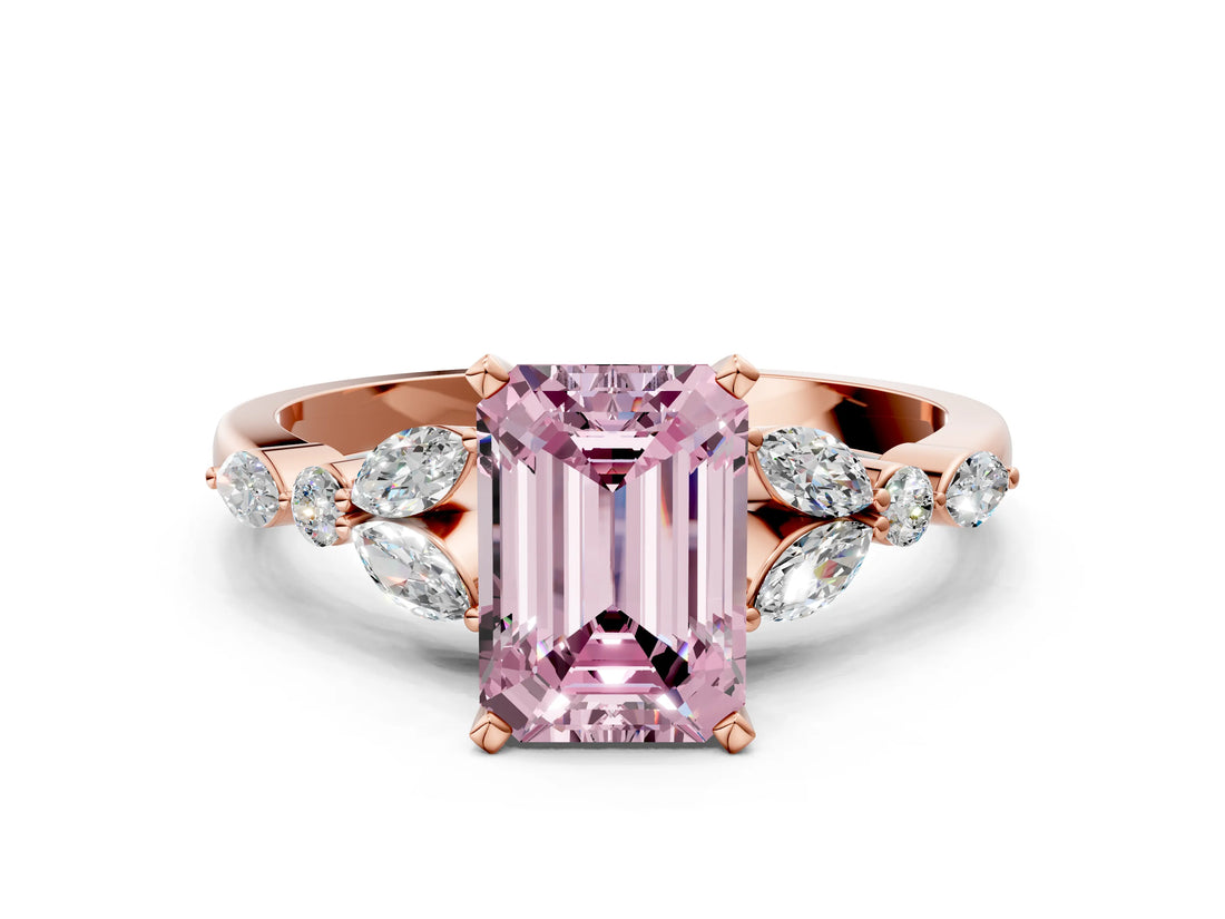 Rose gold Fancy Pink Emerald Cut Diamond Solitaire Ring with Side Stones and Four-Prong Setting_242