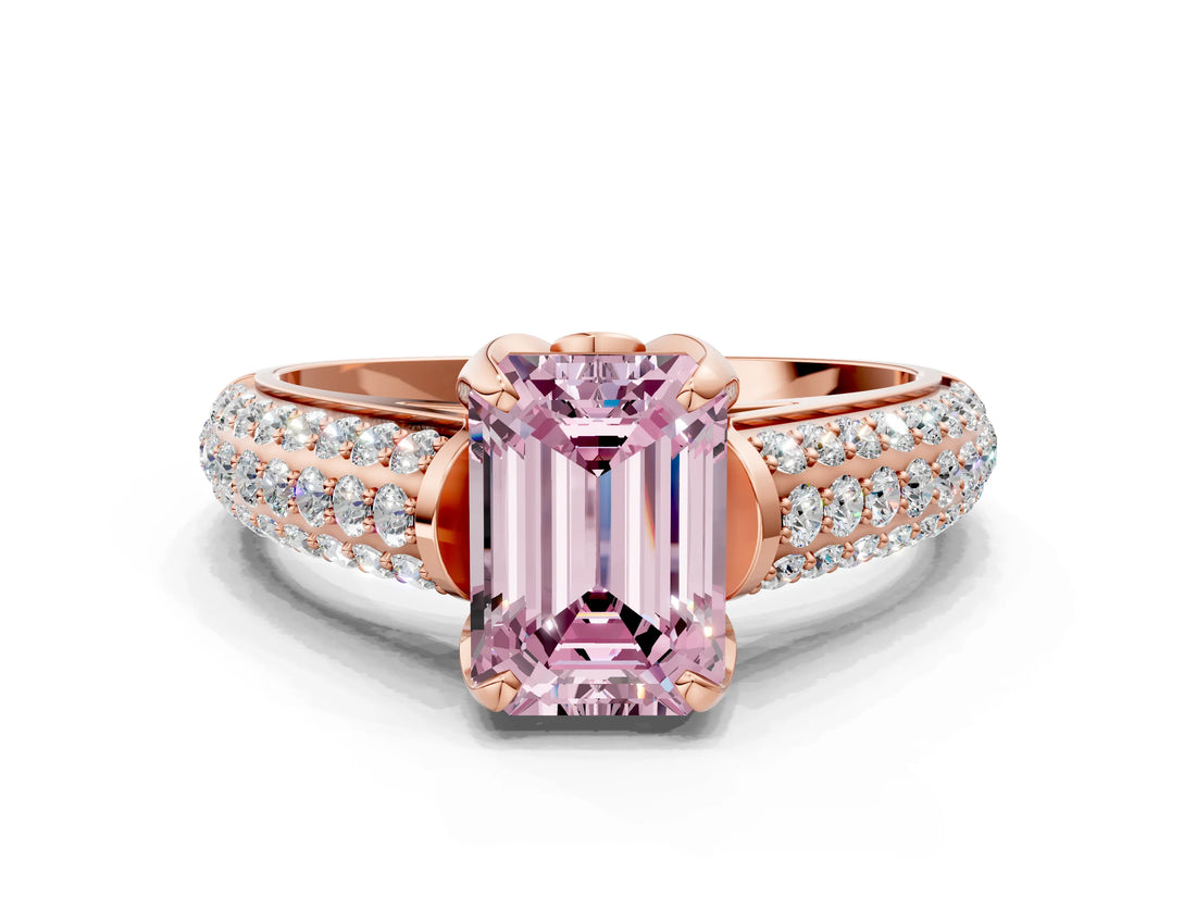 Rose gold Fancy Pink Emerald Cut Diamond Solitaire Ring with Three-Row Pavé Band and Four-Prong Setting_37