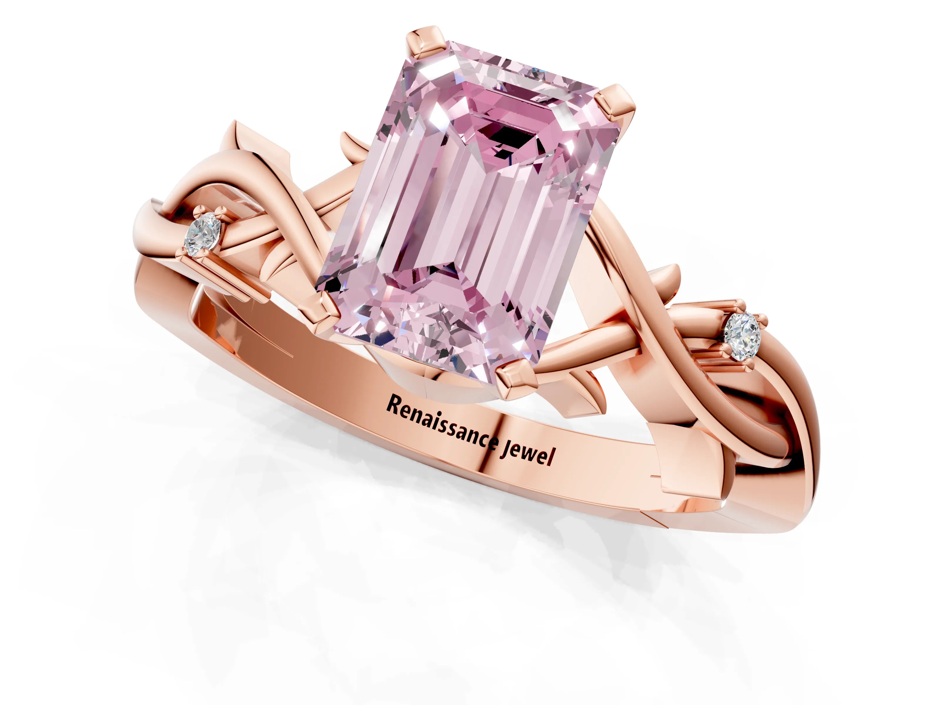 Rose gold Fancy Pink Emerald Cut Diamond Solitaire Ring with Twisted Band and Prong Setting_238