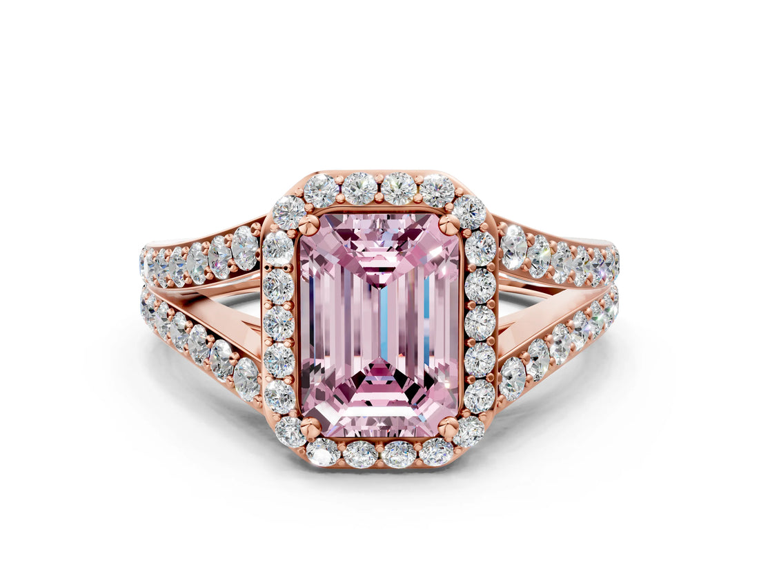 Rose gold Fancy Pink Emerald Cut Diamond Split Shank Halo Ring with Four-Prong Setting_58