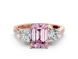 Rose gold Fancy Pink Emerald Cut Diamond Three-Stone Engagement Ring with Prong Setting and Pavé Band