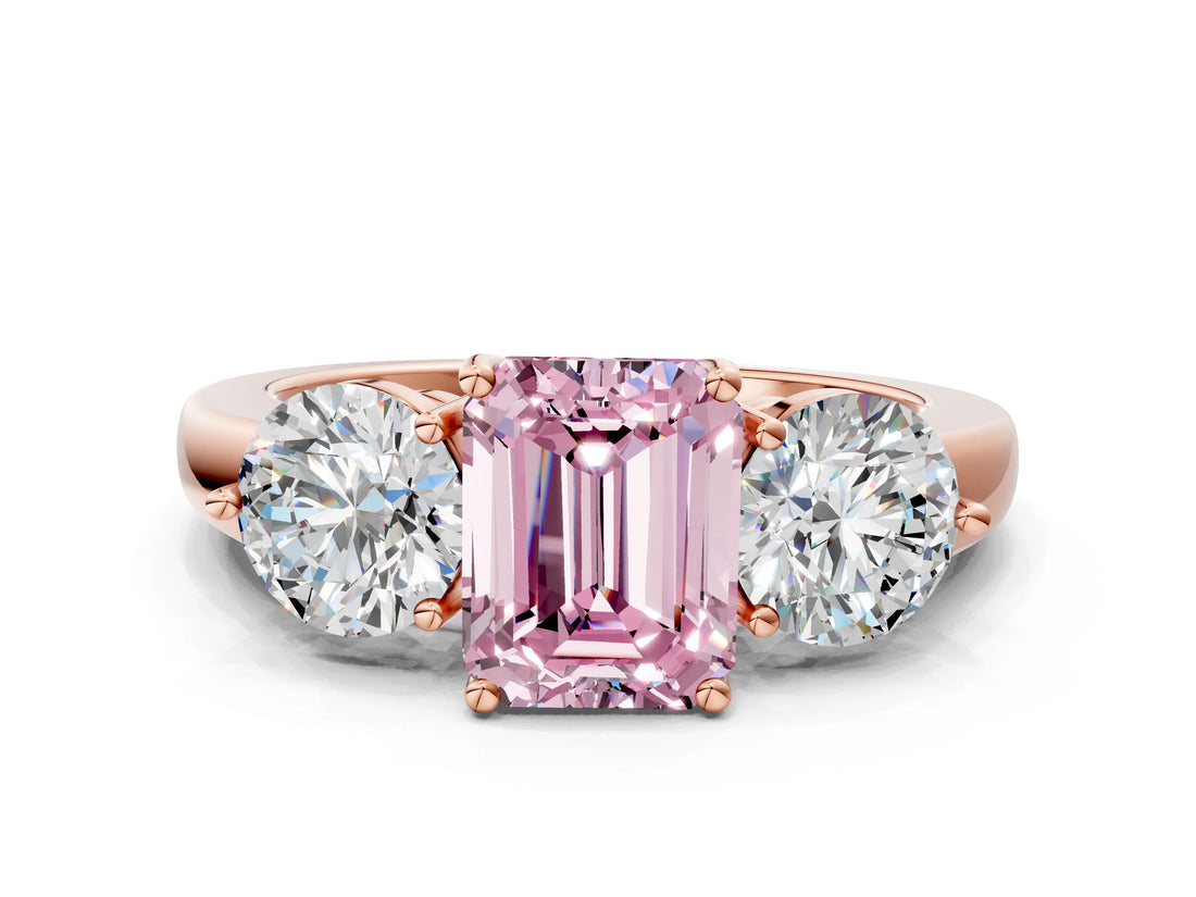 Rose gold Fancy Pink Emerald Cut Diamond Three-Stone Ring with Prong Setting and Classic Band_109