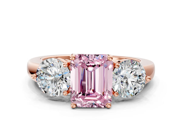 Rose gold Fancy Pink Emerald Cut Diamond Three-Stone Ring with Prong Setting and Classic Band