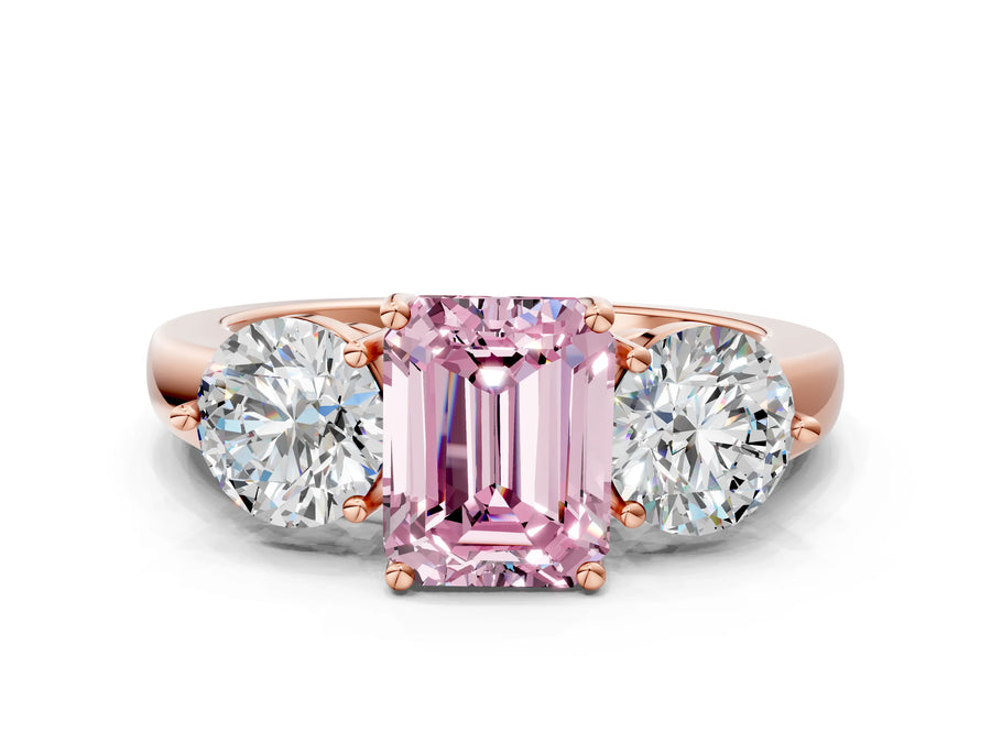 Rose gold Fancy Pink Emerald Cut Diamond Three-Stone Ring with Prong Setting and Classic Band