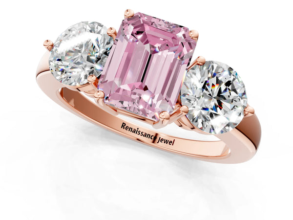 Rose gold Fancy Pink Emerald Cut Diamond Three-Stone Ring with Prong Setting and Classic Band
