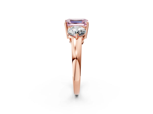 Rose gold Fancy Pink Emerald Cut Diamond Three-Stone Ring with Prong Setting and Classic Band