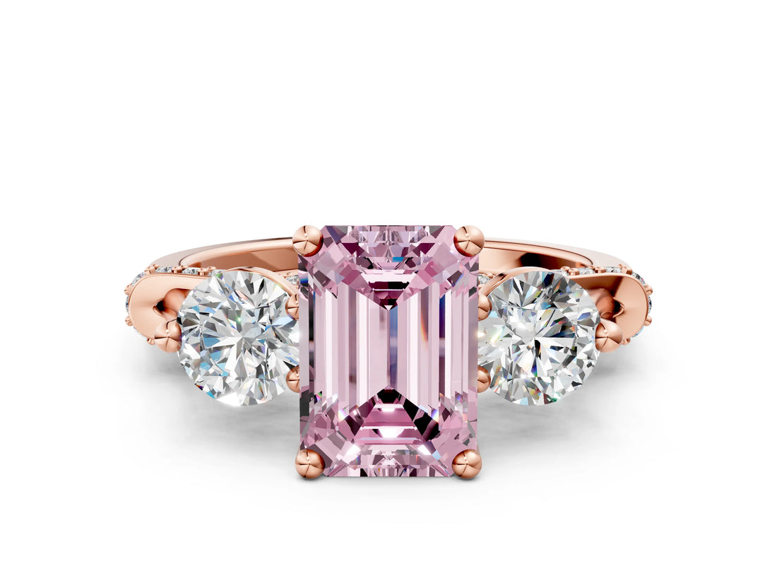 Rose gold Fancy Pink Emerald Cut Diamond Three-Stone Ring with Prong Setting and Pavé Band