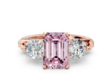 Rose gold Fancy Pink Emerald Cut Diamond Three-Stone Ring with Prong Setting and Pavé Band