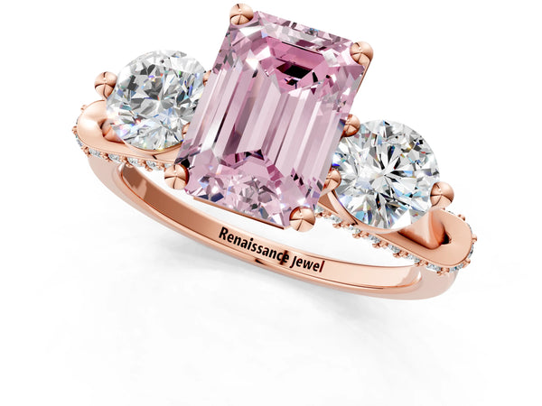 Rose Gold Emerald Cut Curved Pave Three Stone Engagement Ring Setting for Fancy Pink Center