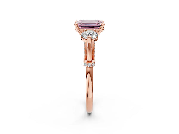 Rose Gold Emerald Cut Curved Pave Three Stone Engagement Ring Setting for Fancy Pink Center