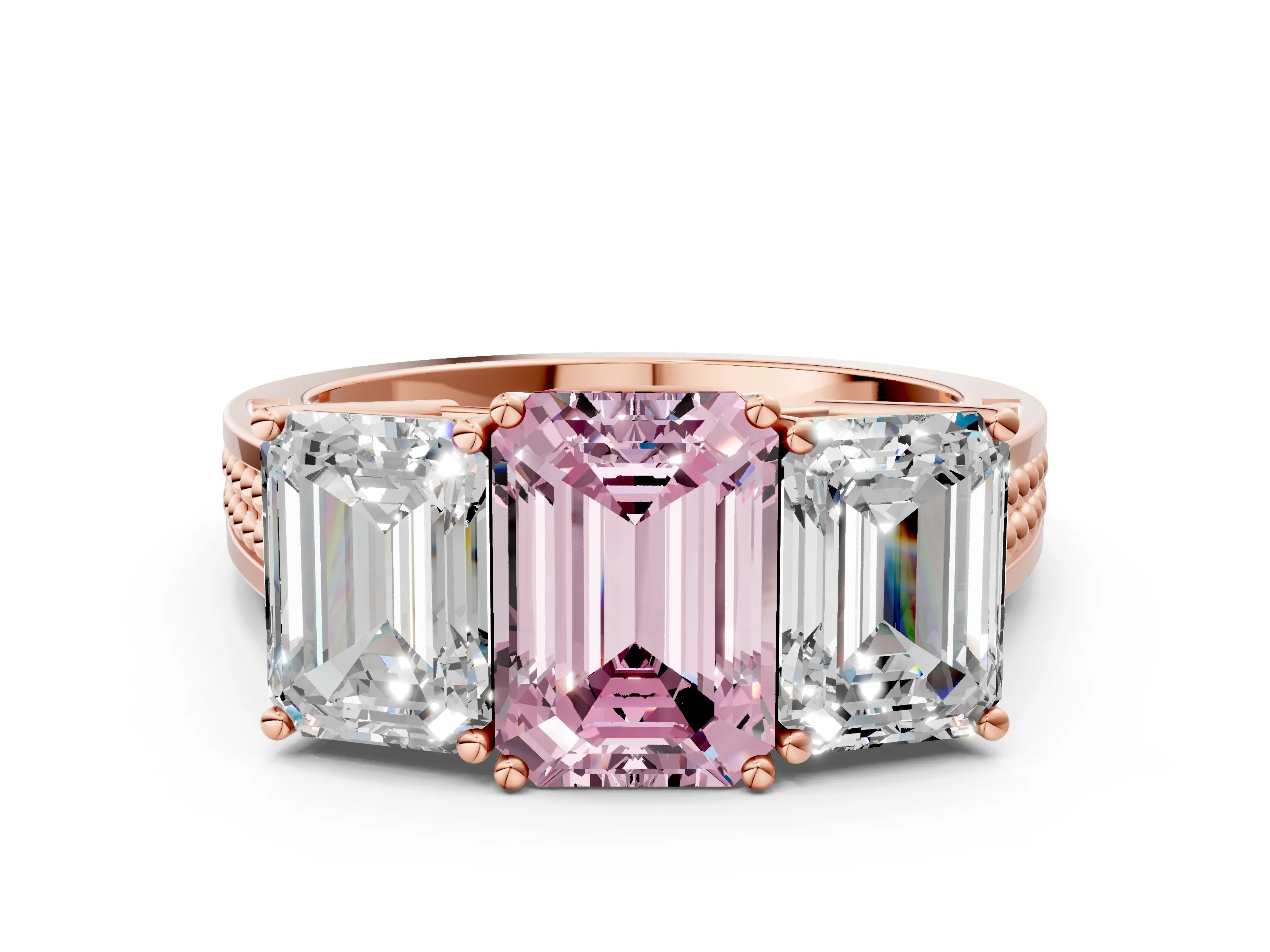 Rose gold Fancy Pink Emerald Cut Diamond Three-Stone Ring with Prong Setting and Textured Band