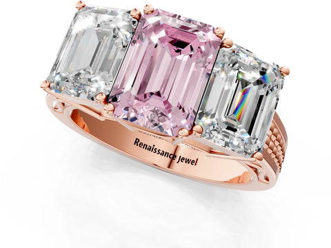 Rose gold Fancy Pink Emerald Cut Diamond Three-Stone Ring with Prong Setting and Textured Band_1