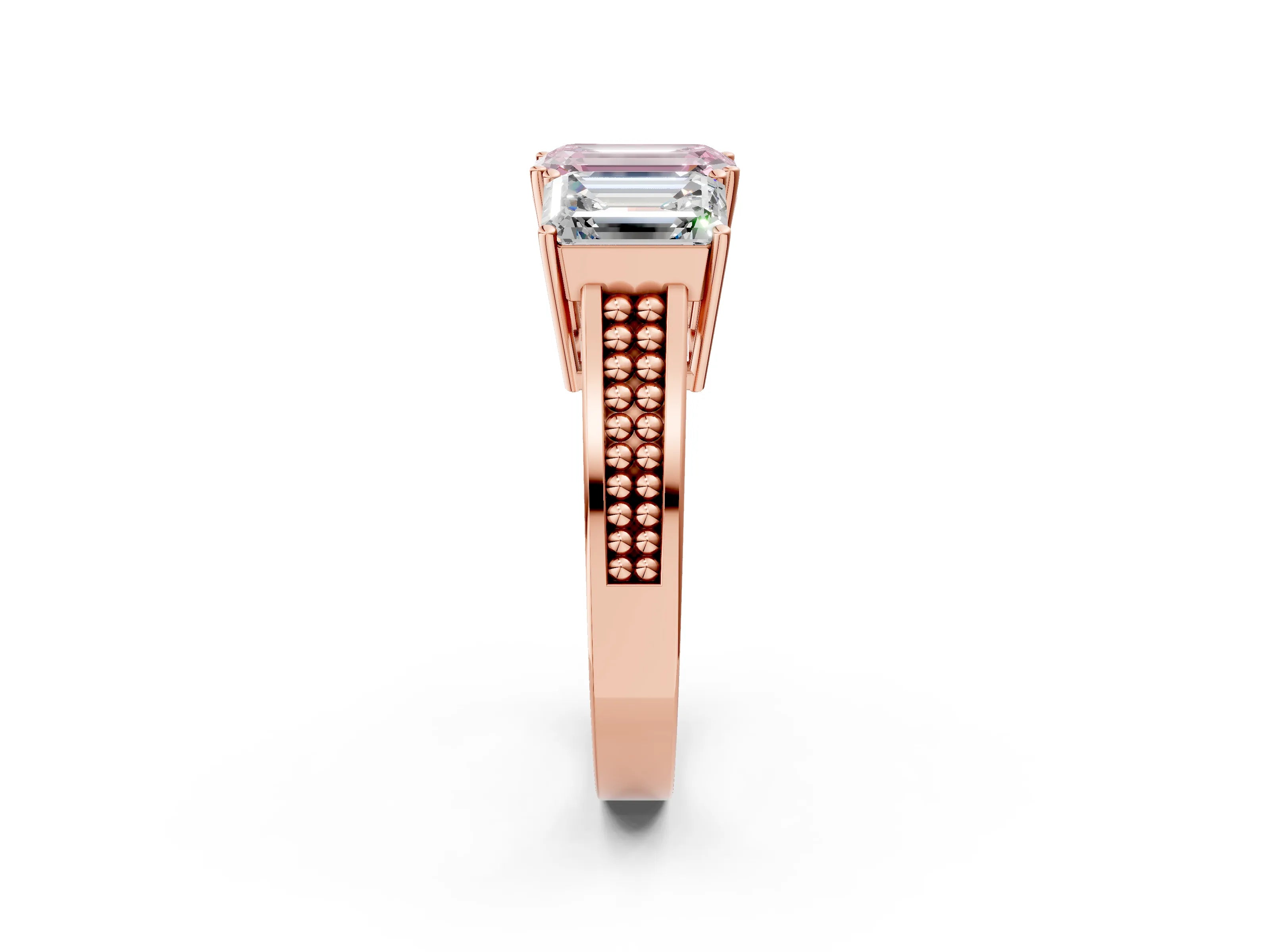 Rose gold Fancy Pink Emerald Cut Diamond Three-Stone Ring with Prong Setting and Textured Band_2