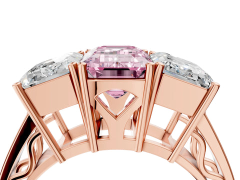 Rose gold Fancy Pink Emerald Cut Diamond Three-Stone Ring with Prong Setting and Textured Band_4