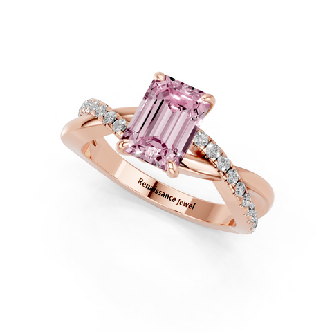 Rose gold Fancy Pink Emerald  Cut Diamond Twist Band Solitaire with Prong Setting_3