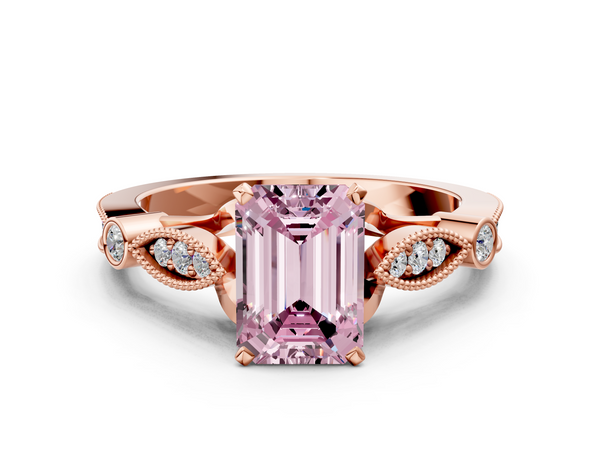 Rose gold Fancy Pink Emerald  Cut Diamond with Milgrain Marquise and Bezel Accents on a Solitaire Band with Prong Setting