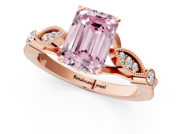 Rose gold Fancy Pink Emerald  Cut Diamond with Milgrain Marquise and Bezel Accents on a Solitaire Band with Prong Setting