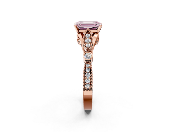 Rose gold Fancy Pink Emerald  Cut Diamond with Milgrain Marquise and Bezel Accents on a Solitaire Band with Prong Setting