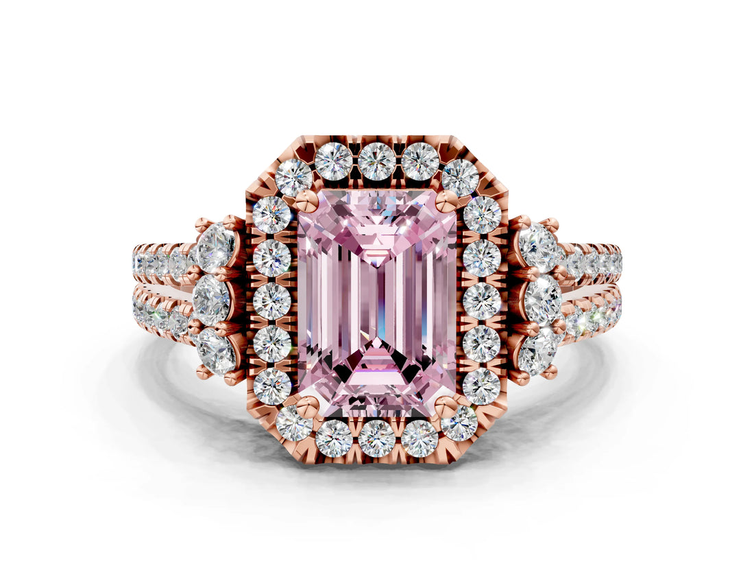 Rose gold Fancy Pink Emerald  Cut Double Halo Diamond Engagement Ring with Pave Band and Four-Prong Setting_59