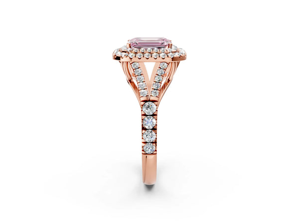 Rose gold Fancy Pink Emerald  Cut Double Halo Split Shank Diamond Ring with Prong Setting