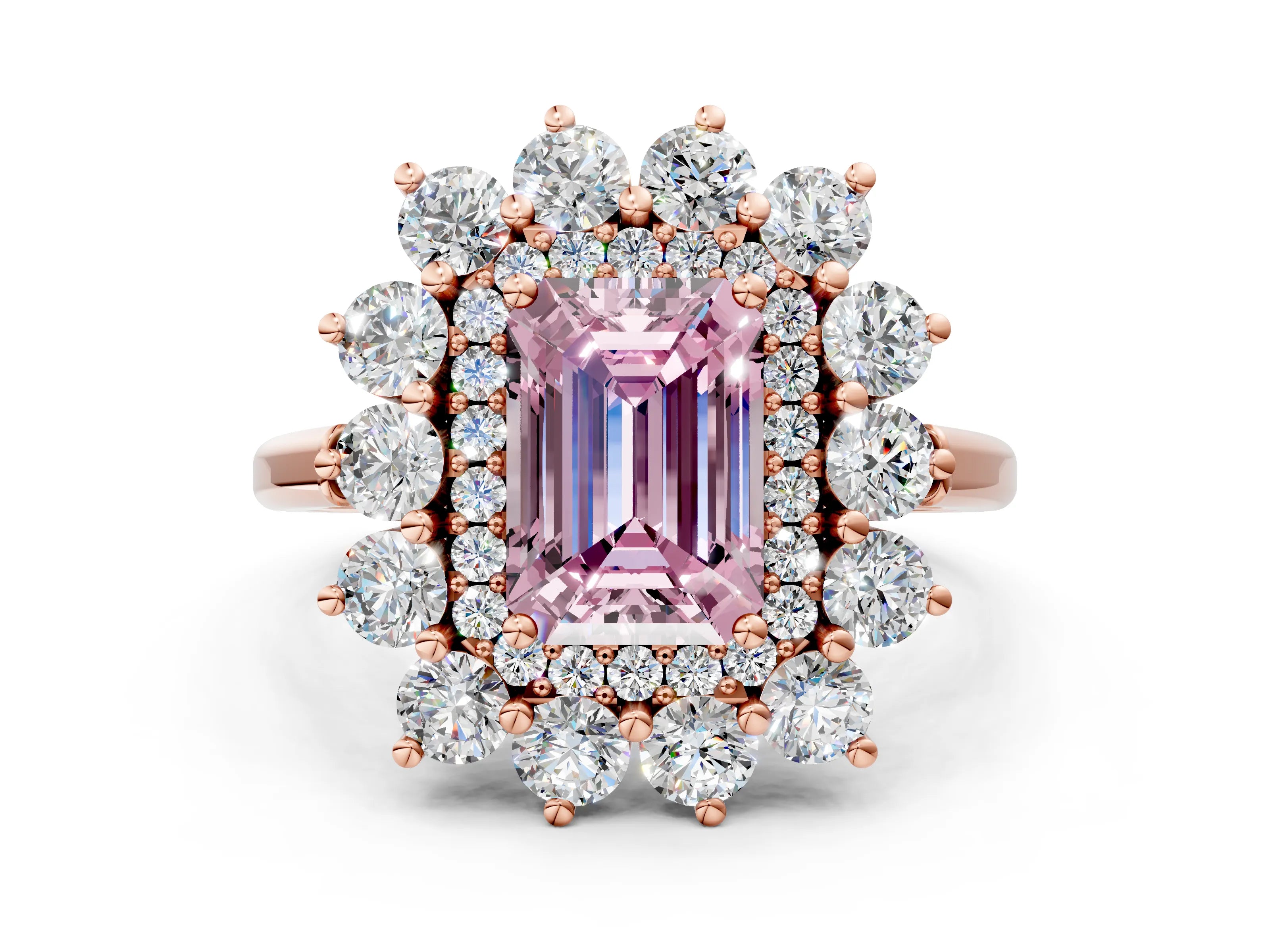 Rose gold Fancy Pink Emerald Cut Halo Cluster Diamond Ring with Pave Band and Four-Prong Setting