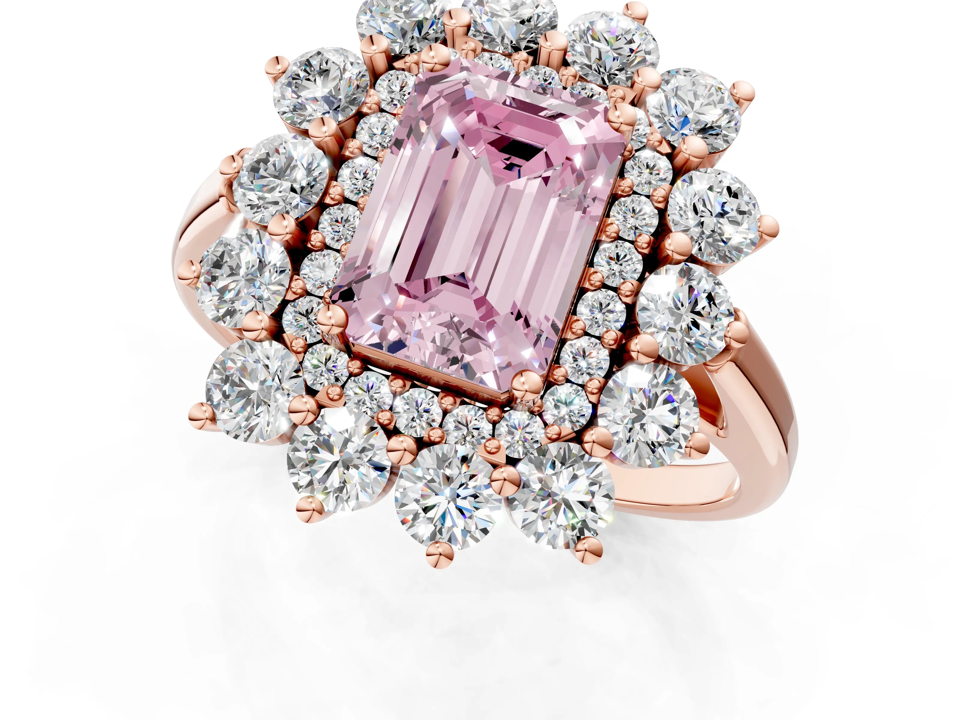 Rose gold Fancy Pink Emerald Cut Halo Cluster Diamond Ring with Pave Band and Four-Prong Setting_1