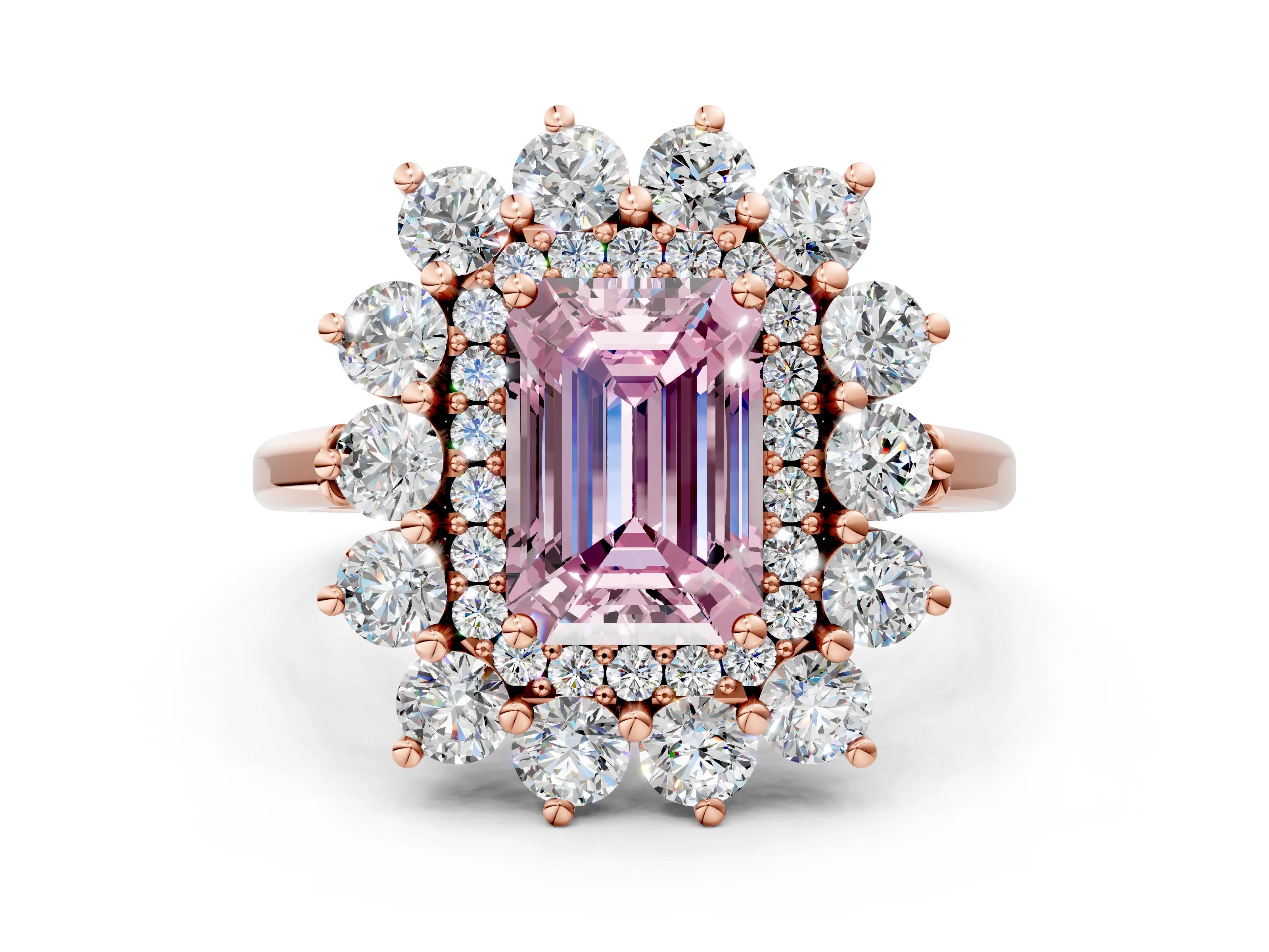 Rose gold Fancy Pink Emerald Cut Halo Cluster Diamond Ring with Pave Band and Four-Prong Setting_12