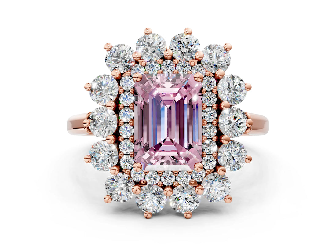 Rose gold Fancy Pink Emerald Cut Halo Cluster Diamond Ring with Pave Band and Four-Prong Setting_12