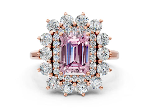 Rose gold Fancy Pink Emerald Cut Halo Cluster Diamond Ring with Pave Band and Four-Prong Setting_12