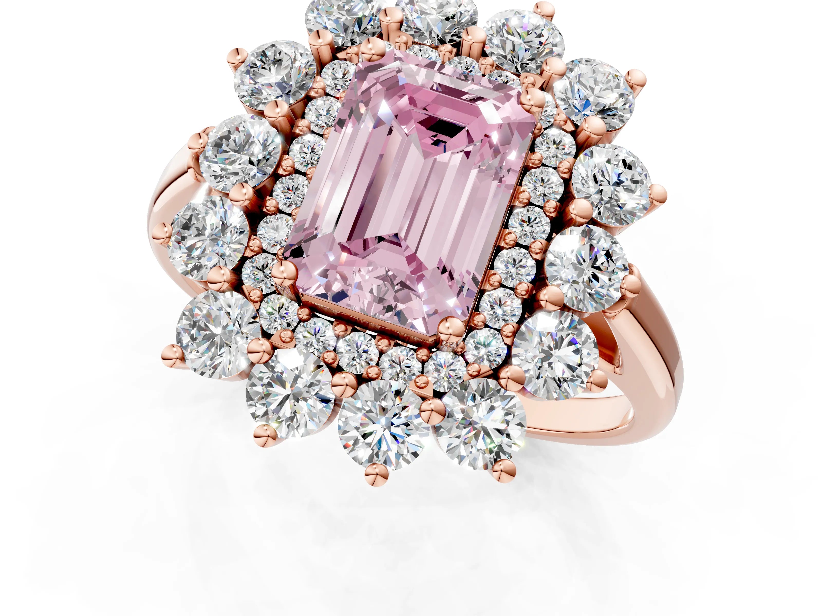 Rose gold Fancy Pink Emerald Cut Halo Cluster Diamond Ring with Pave Band and Four-Prong Setting_13