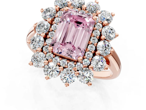 Rose gold Fancy Pink Emerald Cut Halo Cluster Diamond Ring with Pave Band and Four-Prong Setting_13