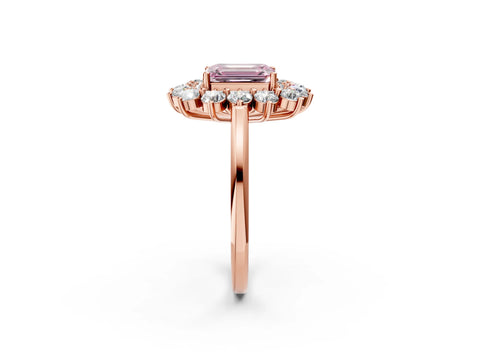 Rose gold Fancy Pink Emerald Cut Halo Cluster Diamond Ring with Pave Band and Four-Prong Setting_14