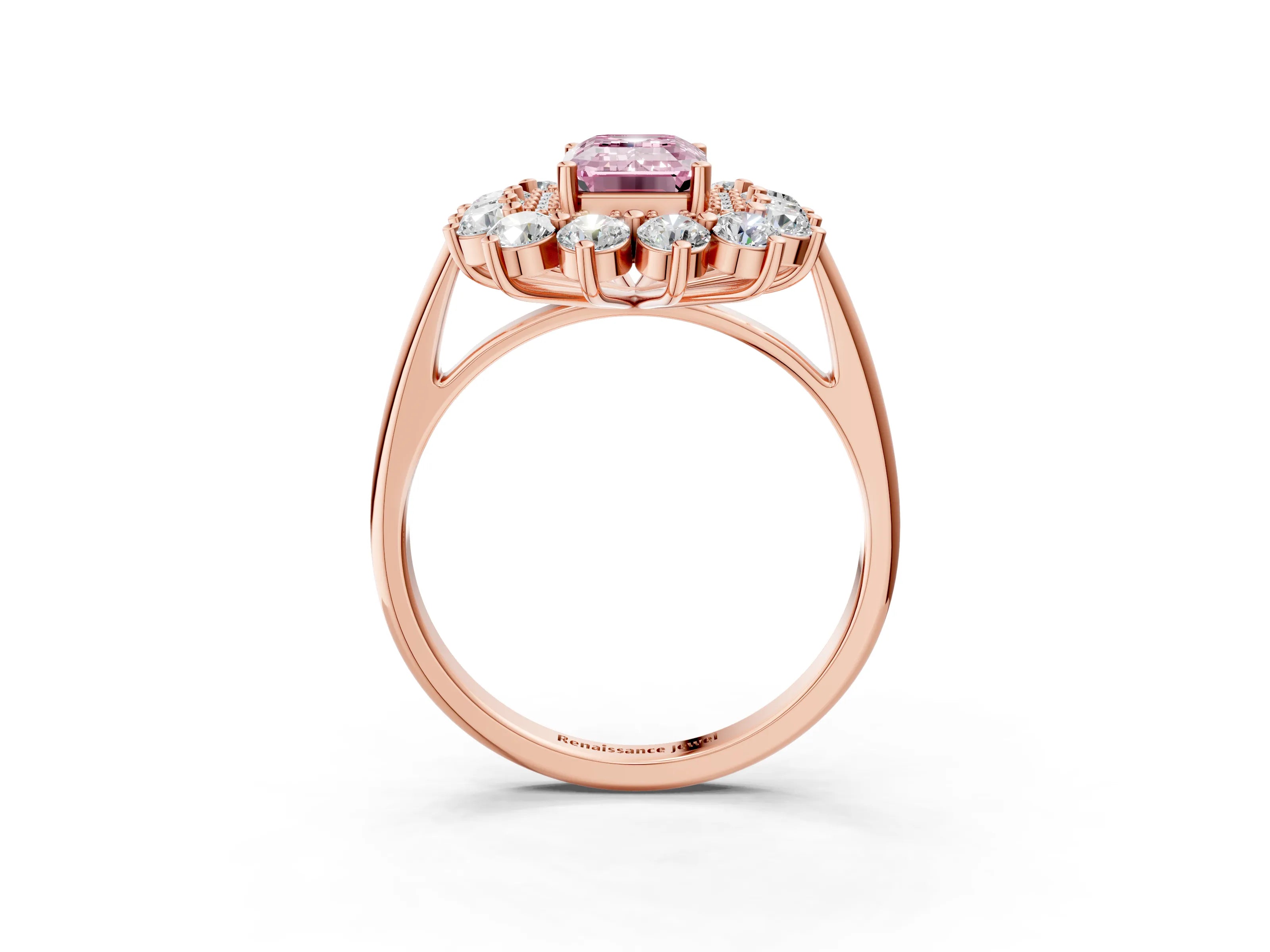 Rose gold Fancy Pink Emerald Cut Halo Cluster Diamond Ring with Pave Band and Four-Prong Setting_15