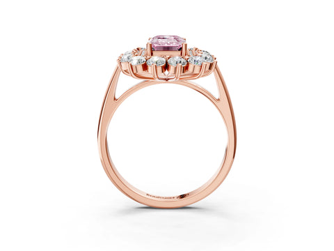 Rose gold Fancy Pink Emerald Cut Halo Cluster Diamond Ring with Pave Band and Four-Prong Setting_15